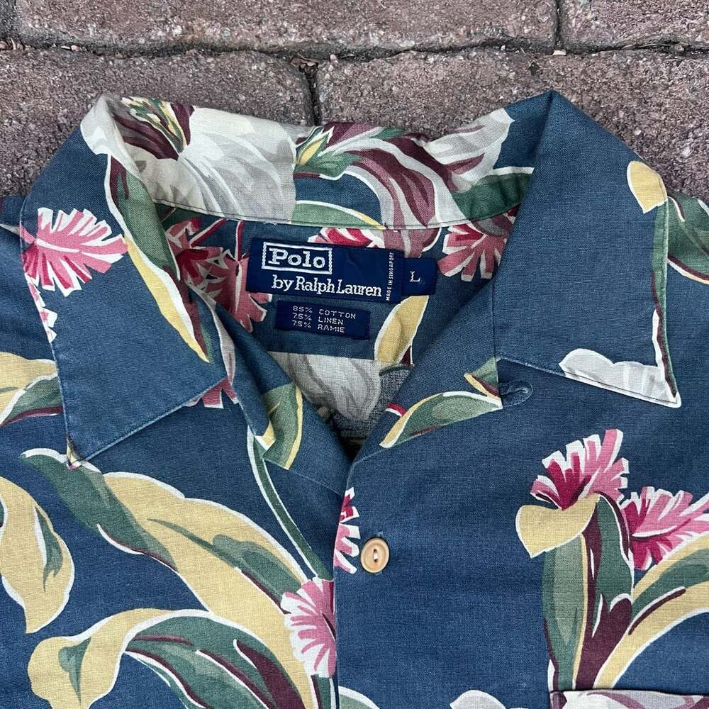 Polo Ralph Lauren Vintage Floral Tropical Hawaiian Camp Shirt Tiki Blue Size L